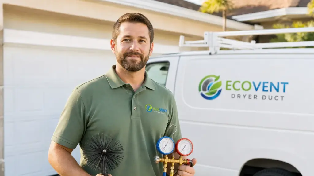 HVAC technician holding diagnostic gauges in front of service van