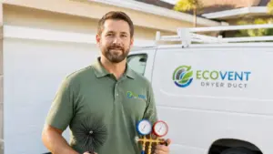 HVAC technician holding diagnostic gauges in front of service van