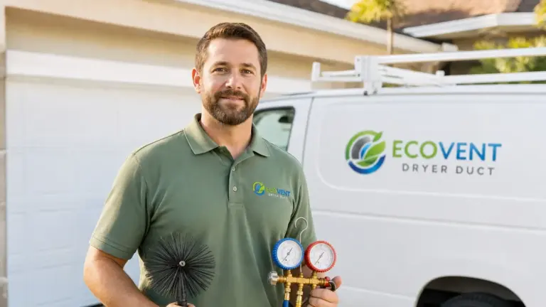 HVAC technician holding diagnostic gauges in front of service van