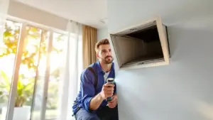 Technician installing wall-mounted TV in bright modern home with large windows.