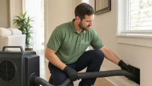 Water damage restoration technician setting up dehumidifier equipment in residential home