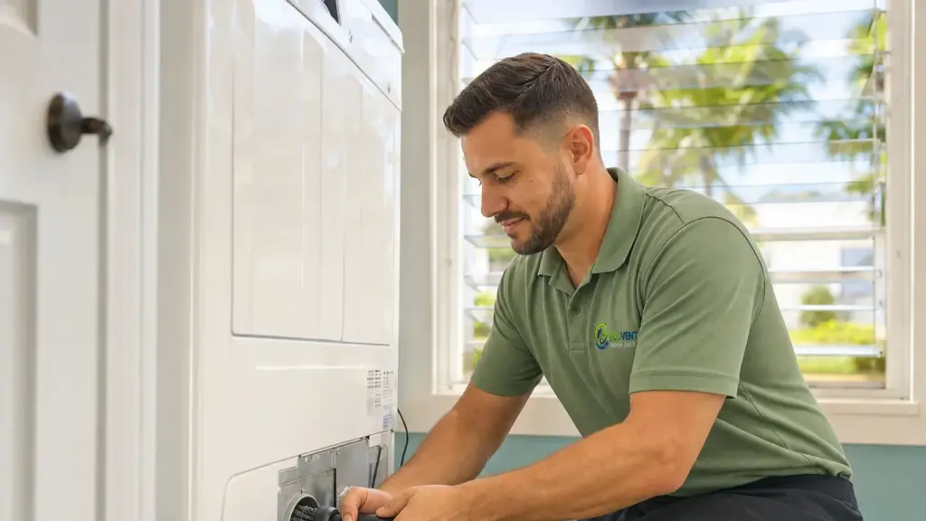 HVAC technician inspecting residential furnace system indoors