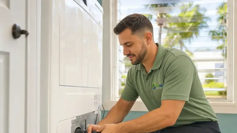 HVAC technician inspecting residential furnace system indoors