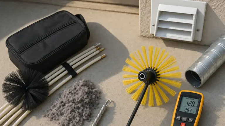 Professional air duct cleaning tools and equipment displayed on concrete surface.