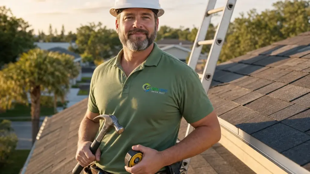 Professional roofer on residential rooftop with tools and ladder during golden hour.