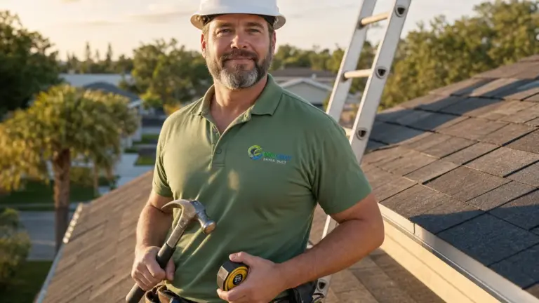 Professional roofer on residential rooftop with tools and ladder during golden hour.