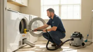 Technician cleaning dryer vent with professional equipment and brush attachment.