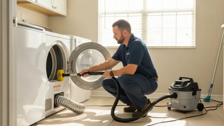 Technician cleaning dryer vent with professional equipment and brush attachment.