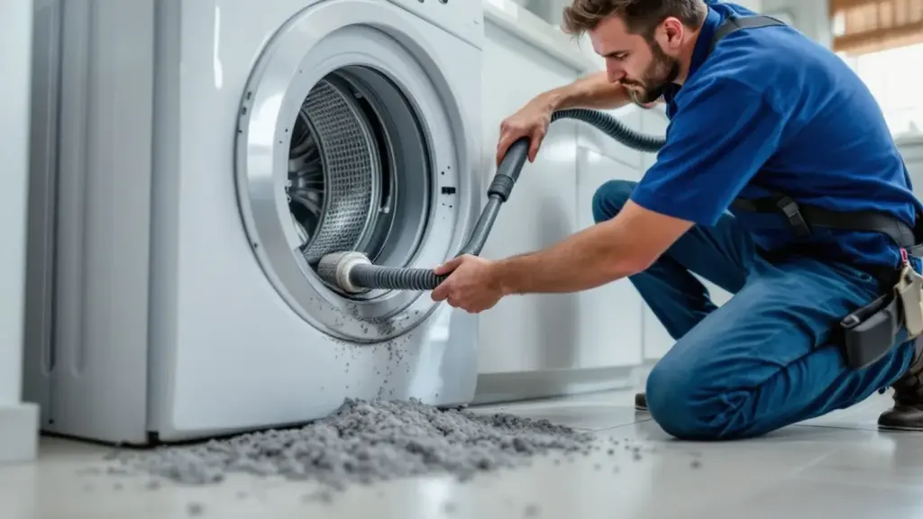 Technician cleaning dryer vent hose to remove lint buildup and improve appliance efficiency.