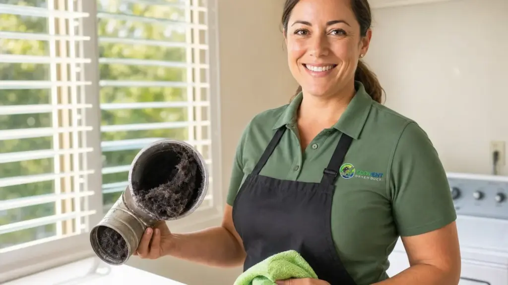 HVAC technician displays lint-filled dryer duct during professional cleaning service.
