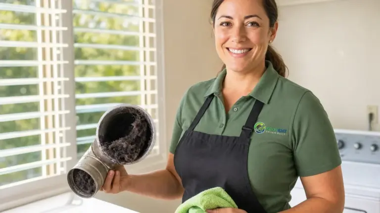 HVAC technician displays lint-filled dryer duct during professional cleaning service.