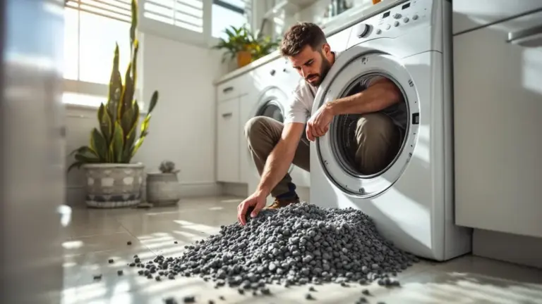 Man loading dryer balls into washing machine in bright laundry room