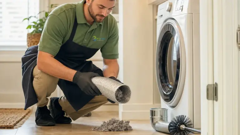 Technician cleaning dryer vent duct, removing lint buildup from appliance.