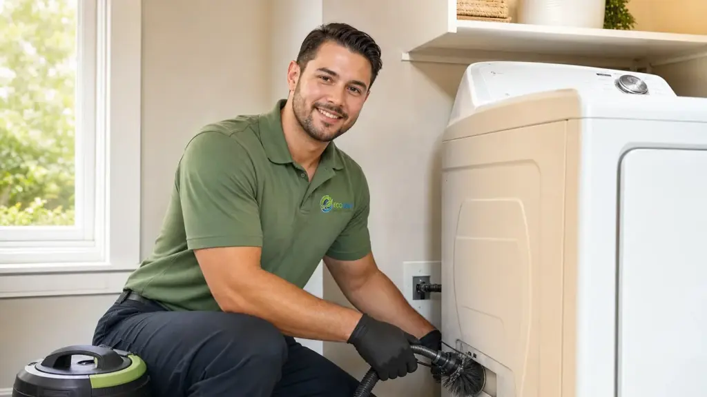 Technician in green uniform services a water softener system in home laundry room.