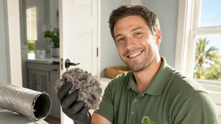 HVAC technician displays lint from dryer vent cleaning service in residential home.