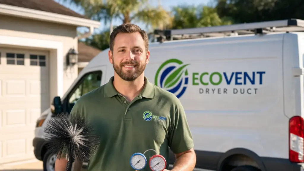 ECOVENT technician holds dryer duct cleaning tools in front of service van