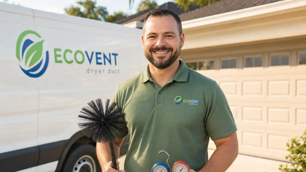 ECOVENT technician holding dryer vent cleaning brush with diagnostic tools at residential home.