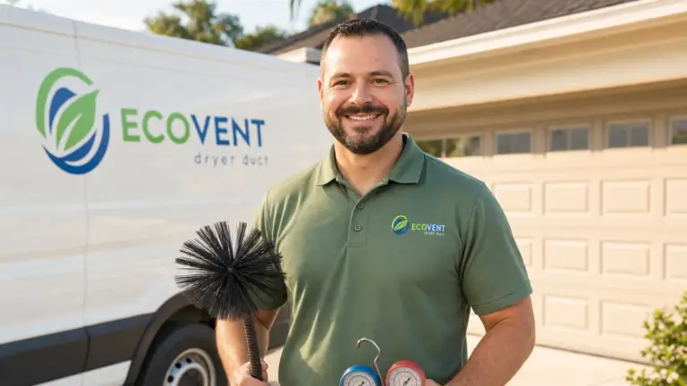 ECOVENT technician holding dryer vent cleaning brush with diagnostic tools at residential home.