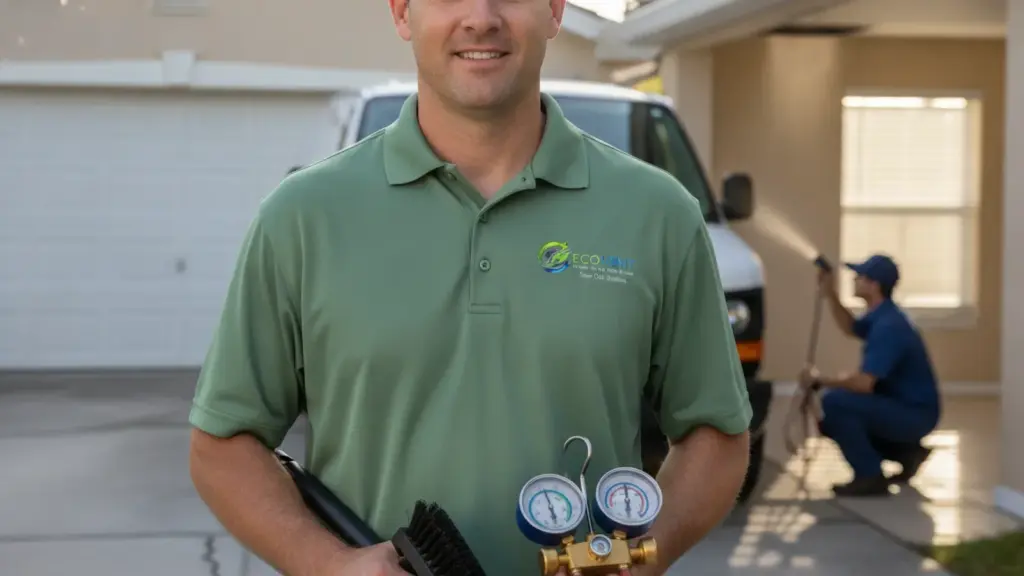 HVAC technician holding refrigerant gauges in residential garage setting.