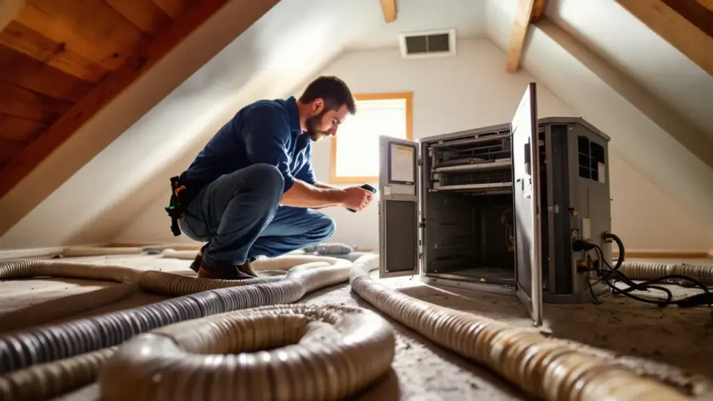 HVAC technician inspecting air handling unit in residential attic space