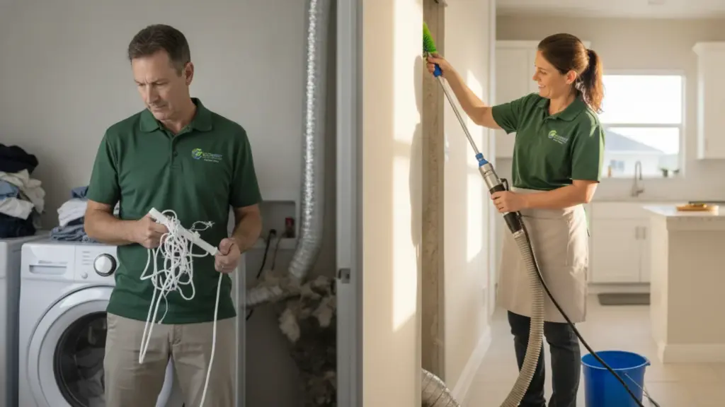 Service technicians performing air duct and home cleaning inspections.