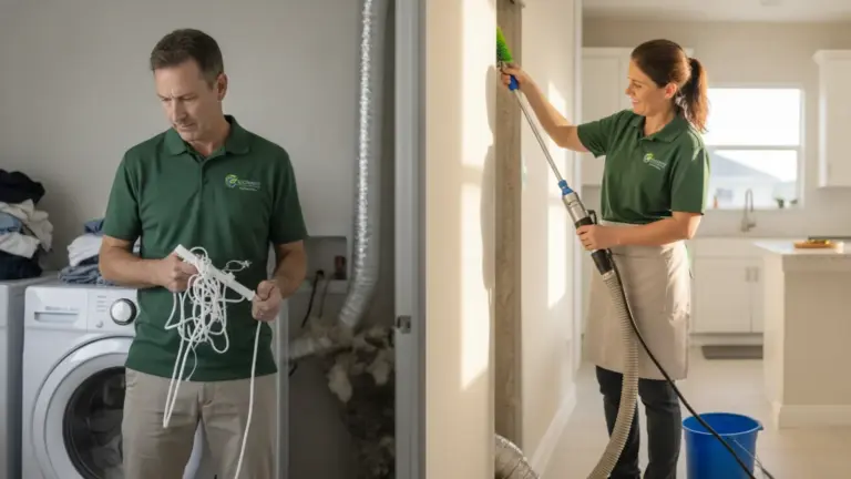 Service technicians performing air duct and home cleaning inspections.