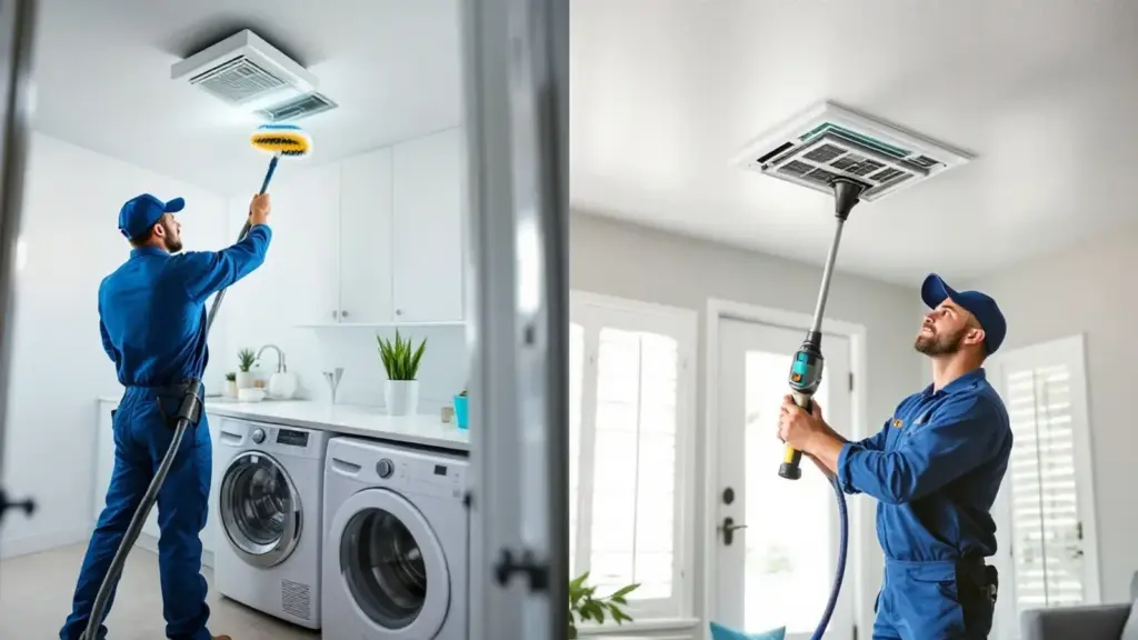 Professional cleaners maintaining residential ventilation and ceiling fixtures.