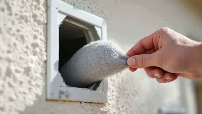 Person inserting a dryer vent filter into wall-mounted ductwork during HVAC maintenance.