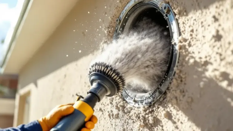 A close-up photograph of a professional technician using a specialized rotary brush tool to clear a thick buildup of gra