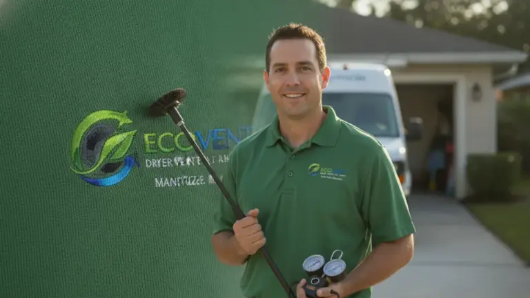 HVAC technician holding diagnostic equipment in front of service van