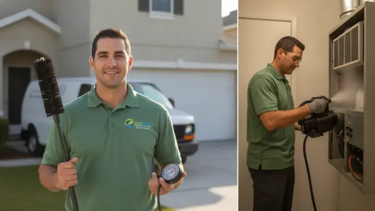 HVAC technician holds diagnostic gauge while servicing residential air conditioning unit.