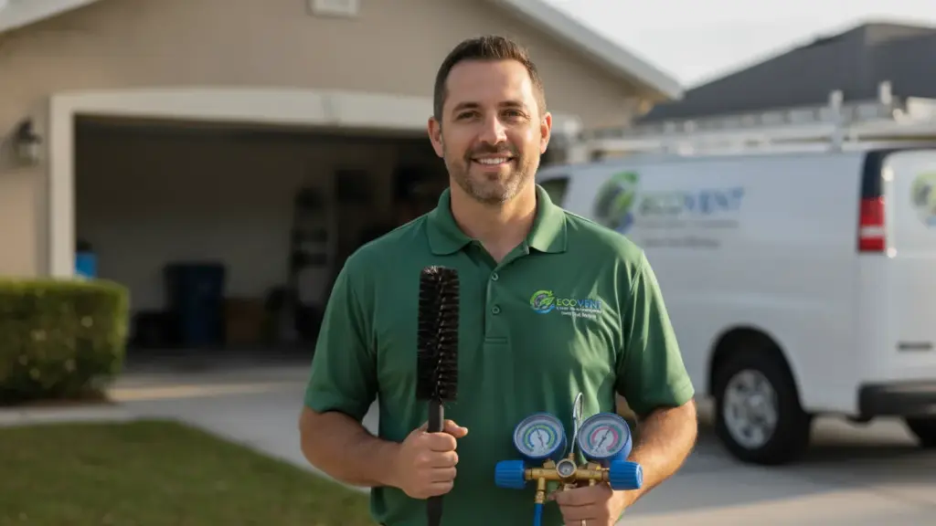 HVAC technician holding refrigerant gauge and brush outside residential home with service van
