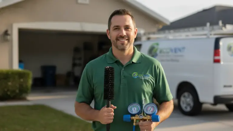 HVAC technician holding refrigerant gauge and brush outside residential home with service van