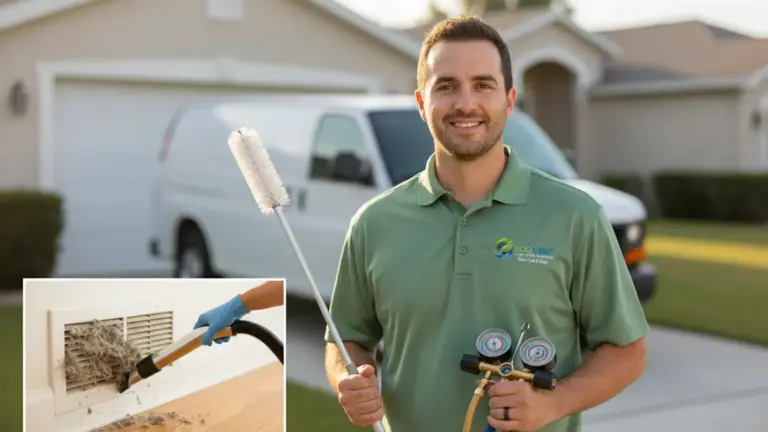 HVAC technician holds diagnostic equipment in front of service van and residential home.