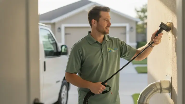 Professional pest control technician inspecting home exterior with specialized equipment.