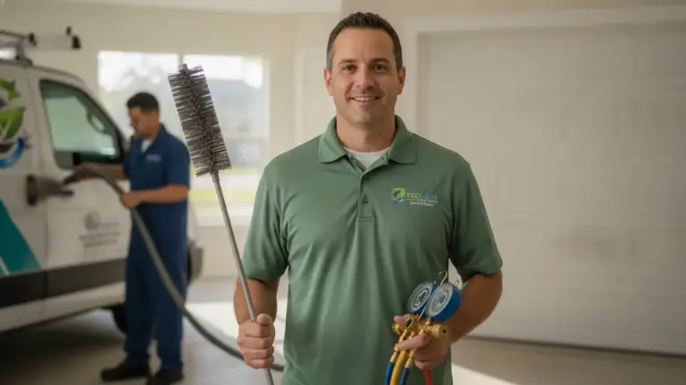 HVAC technician holds diagnostic tools and brush in service garage.