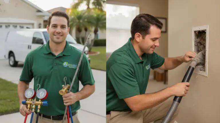 HVAC technician holds manifold gauges and inspects indoor ductwork outlet.