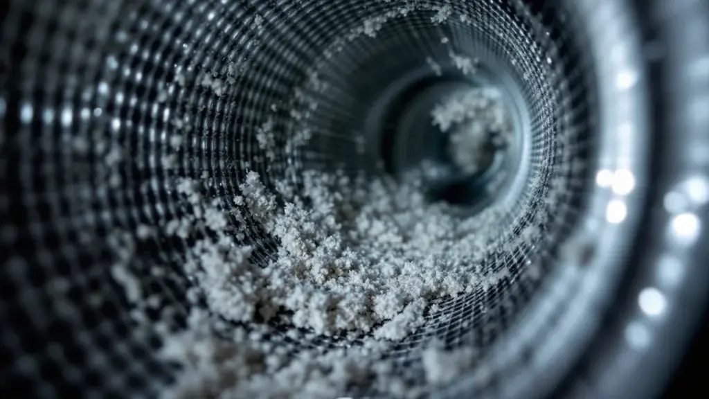 Close-up of fine white powder accumulating inside a metal mesh dryer vent duct.