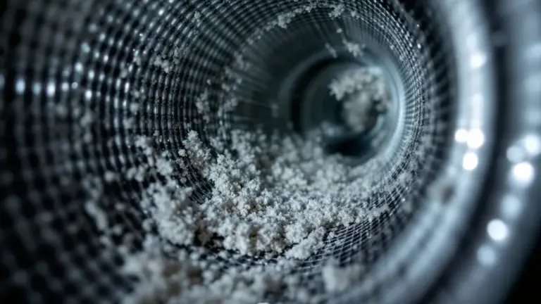 Close-up of fine white powder accumulating inside a metal mesh dryer vent duct.