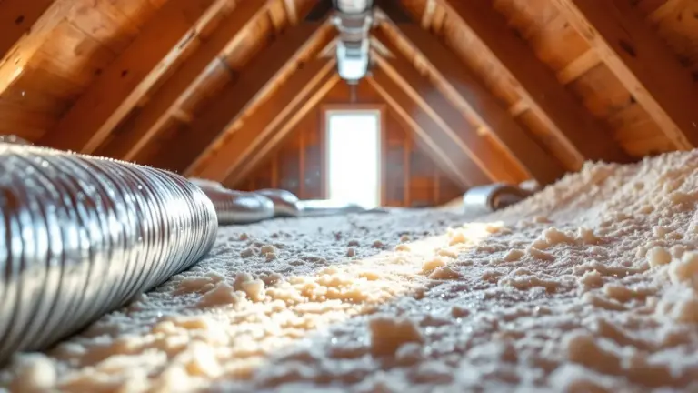 Attic insulation installation with fiberglass batts and ventilation duct in pitched roof space.
