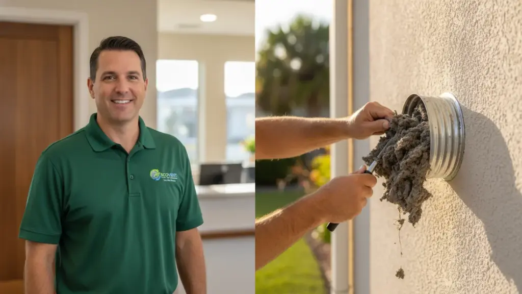 Professional technician displays soil sample from dryer vent cleaning service inspection.
