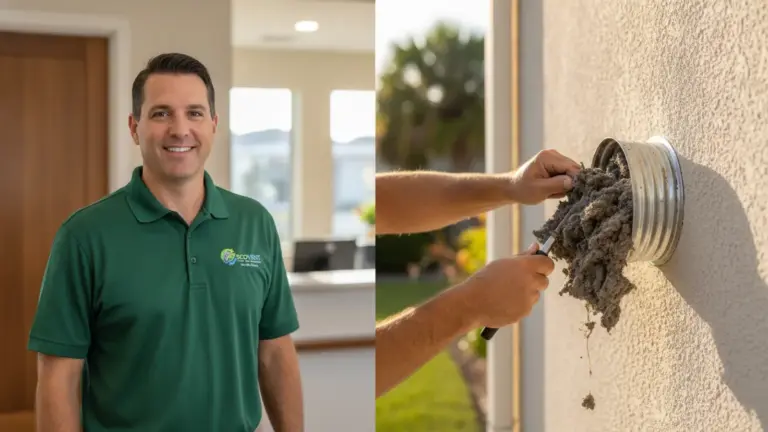 Professional technician displays soil sample from dryer vent cleaning service inspection.