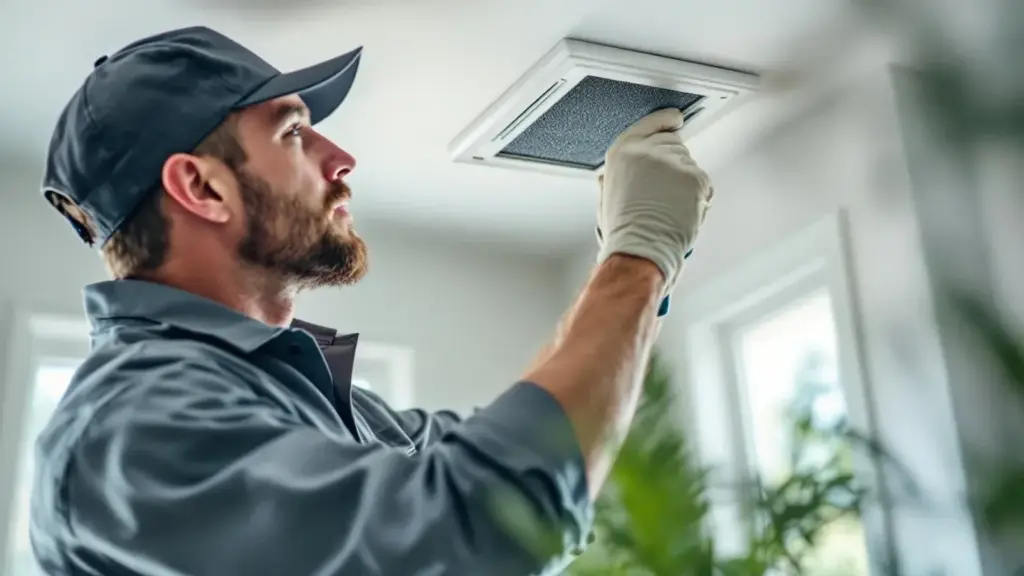 A professional technician wearing a grey uniform uses a specialized hand tool to carefully inspect a clean air duct open
