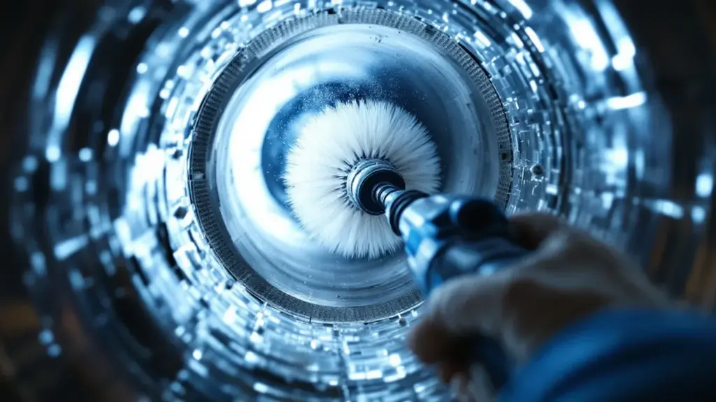 A close-up photograph of a professional technician using a high-tech rotary brush tool inside a residential air duct, wi