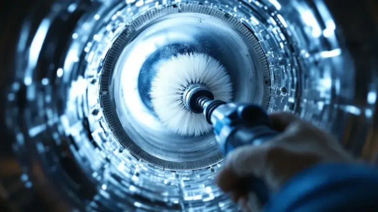 A close-up photograph of a professional technician using a high-tech rotary brush tool inside a residential air duct, wi