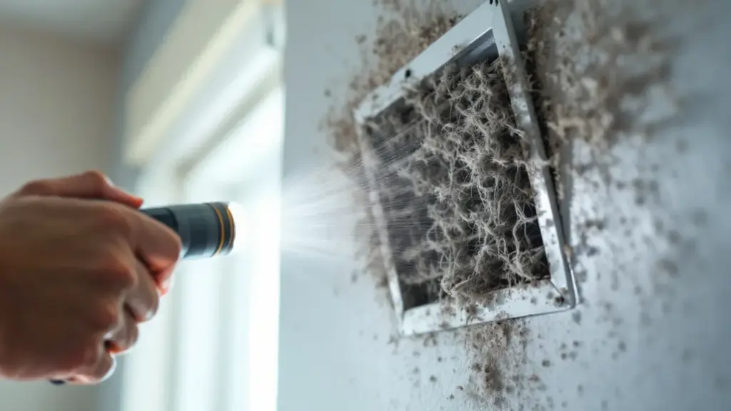 Close-up shot of a homeowner in a sunlit New Port Richey home using a flashlight to inspect thick, grey dust and pet hai
