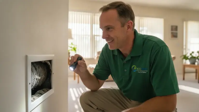 HVAC technician inspects ductwork with flashlight during home inspection.