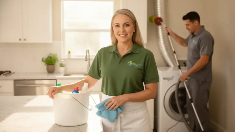 Professional cleaning service team demonstrates HVAC duct cleaning in modern kitchen.