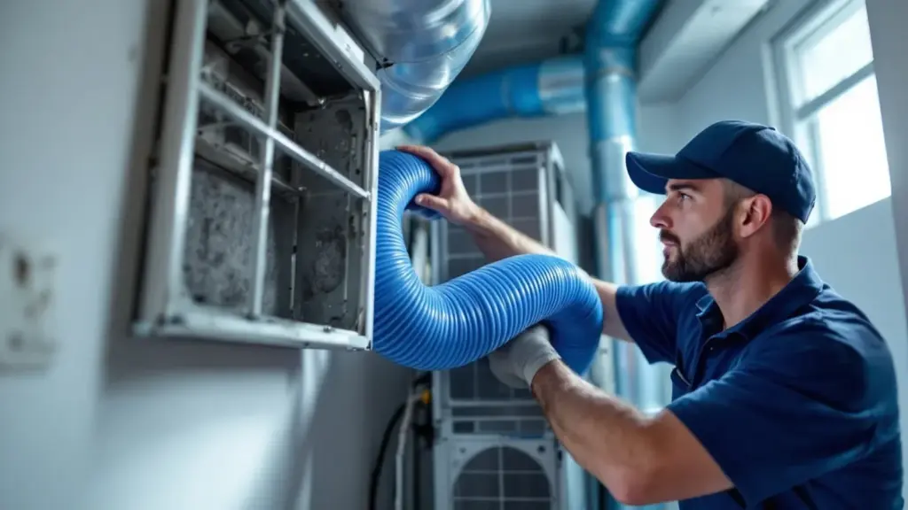 HVAC technician installing blue flexible ductwork in residential system.