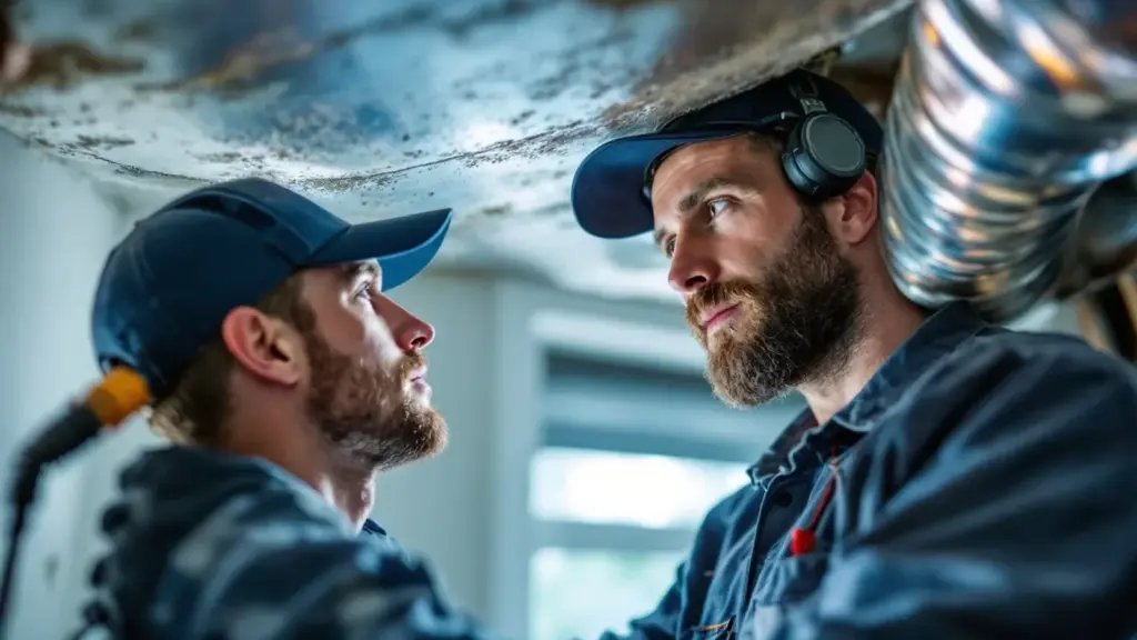 Two bearded workers discuss plans under industrial ceiling in warehouse setting.
